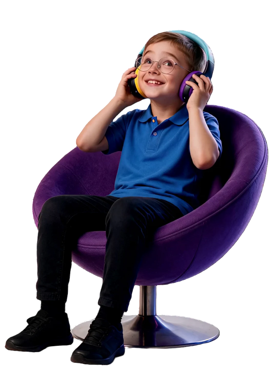 A delighted boy in glasses and Orbit headphones, sitting in a purple egg chair and looking up as he listens