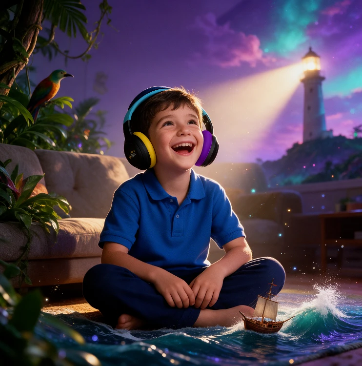 A boy in headphones laughing on the living-room floor as a jungle, a stormy sea with a sailing ship and a lighthouse come to life around him