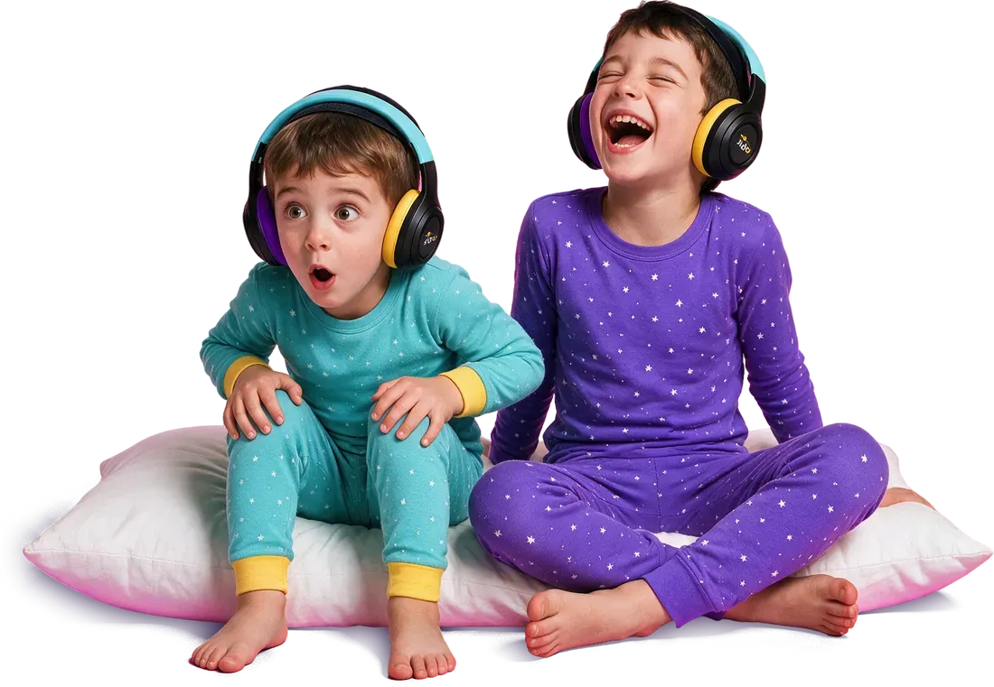 Two brothers in starry pyjamas on a big pillow, one laughing out loud and one wide-eyed in their headphones