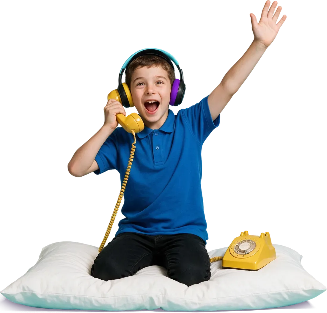 A boy in headphones calling in on a yellow telephone, hand raised high