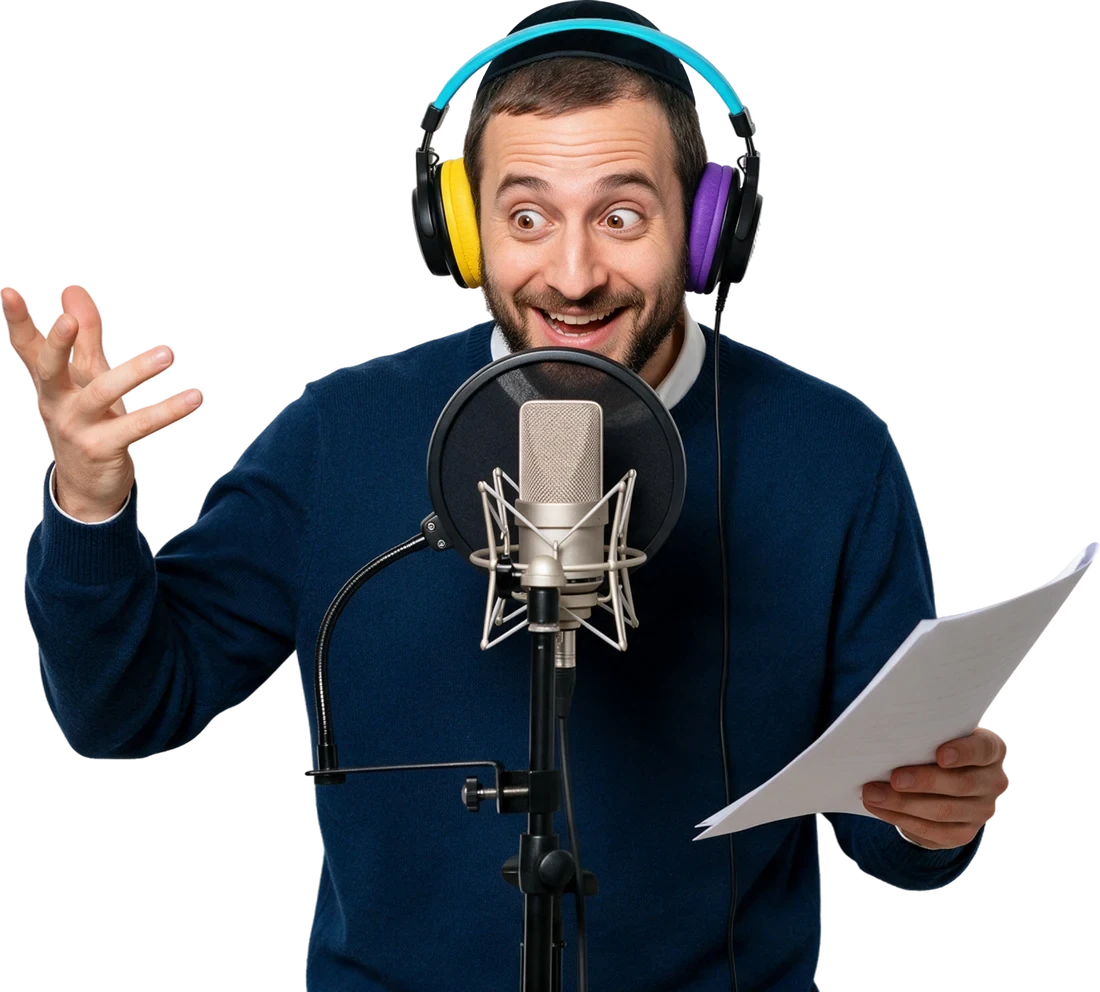 A storyteller in headphones performing a character into a studio microphone, script in hand
